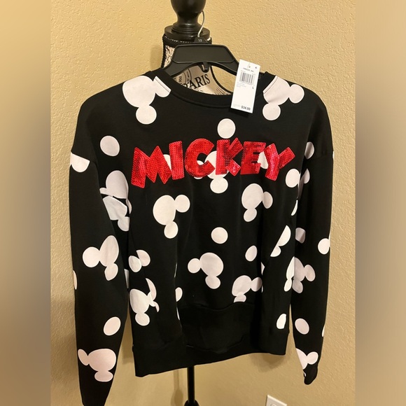 NWT Mickey Mouse sweatshirt black md white polka dot size large women’s. - Picture 1 of 5
